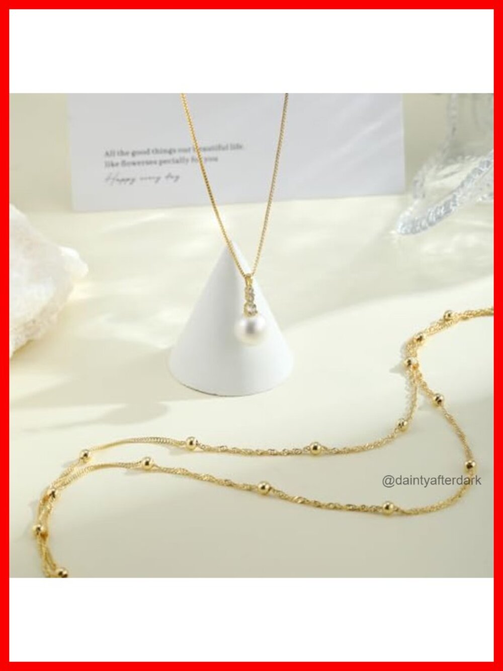 Dainty Layered Pearl Pendant Necklace, Gold Plated, Adjustable - Picture 3 of 6